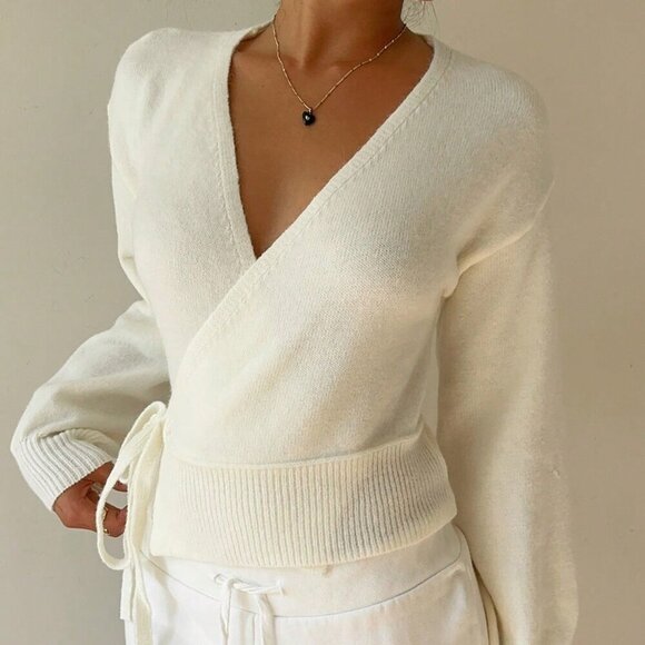 White Casual Women's Versatile Wrap Tie Front Cardigan - Picture 5 of 7